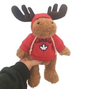 Elbows Up 🇨🇦 Canada Cottage Moose Plush – Red Hoodie with Embroidered Fl…